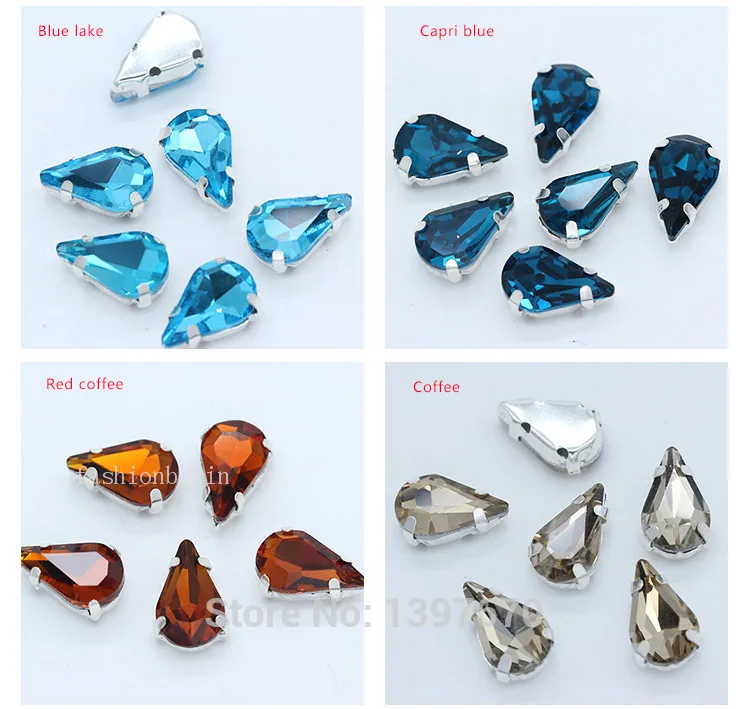 5x8mm 6x10mm 8x13mm 24-Colors Sew on Flat Water Drops Teardrop Crystal Rhinestones With Gold Claw Button Wedding Dress Bags Diy