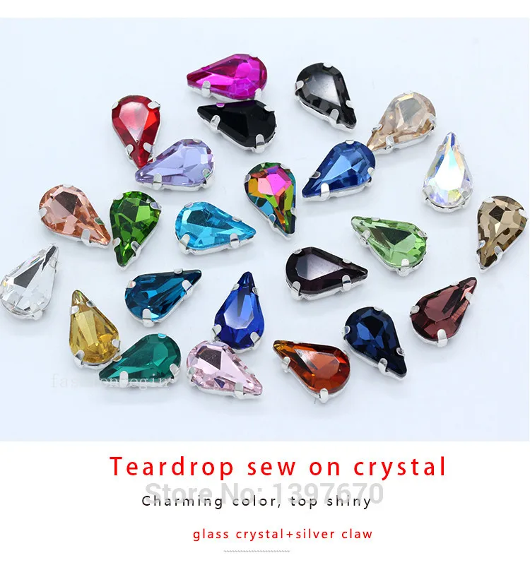 5x8mm 6x10mm 8x13mm 24-Colors Sew on Flat Water Drops Teardrop Crystal Rhinestones With Gold Claw Button Wedding Dress Bags Diy