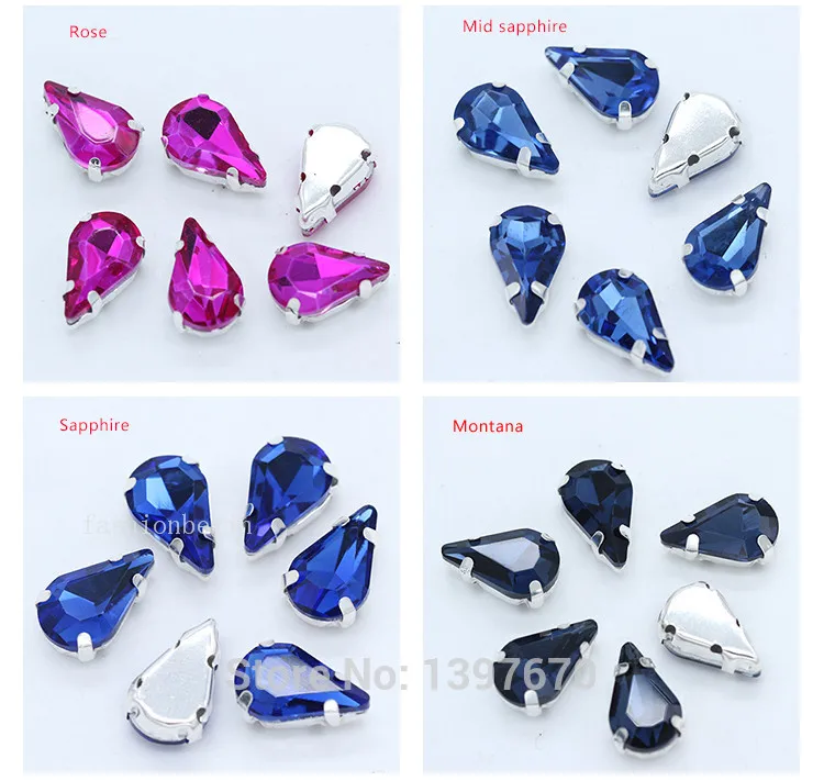 5x8mm 6x10mm 8x13mm 24-Colors Sew on Flat Water Drops Teardrop Crystal Rhinestones With Gold Claw Button Wedding Dress Bags Diy