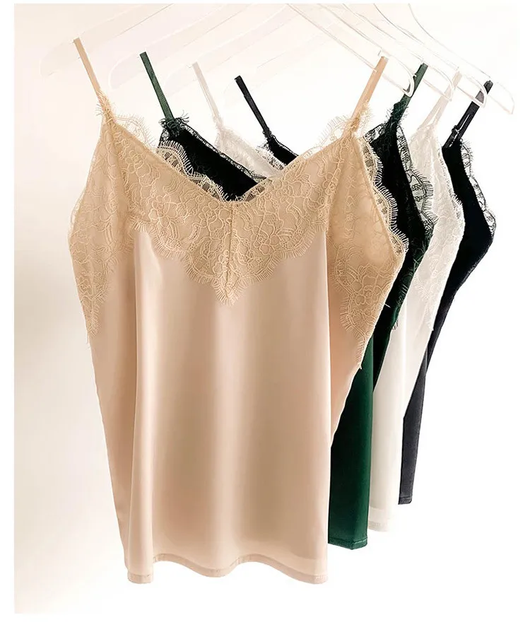 Sexy Lace Camisole Women Silk V-neck Tops Summer New Sleeveless Casual Tank Tops Female Slim Soft Satin Basic Tops Plus Size