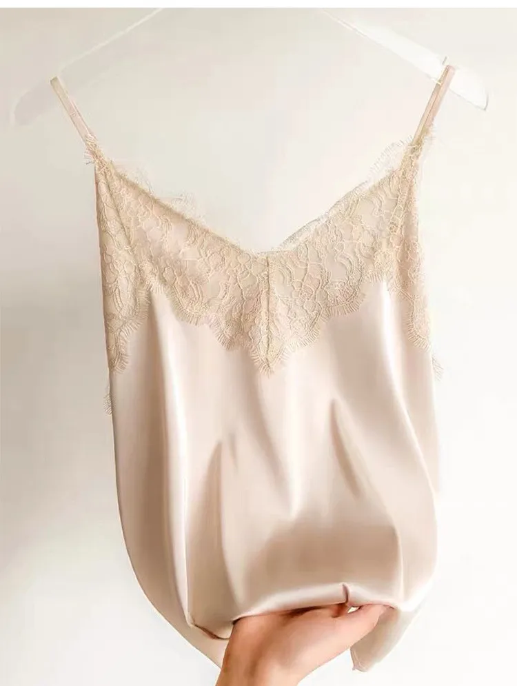 Sexy Lace Camisole Women Silk V-neck Tops Summer New Sleeveless Casual Tank Tops Female Slim Soft Satin Basic Tops Plus Size