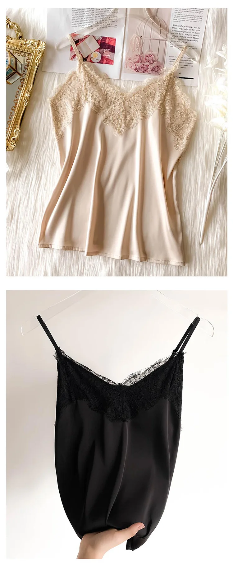 Sexy Lace Camisole Women Silk V-neck Tops Summer New Sleeveless Casual Tank Tops Female Slim Soft Satin Basic Tops Plus Size