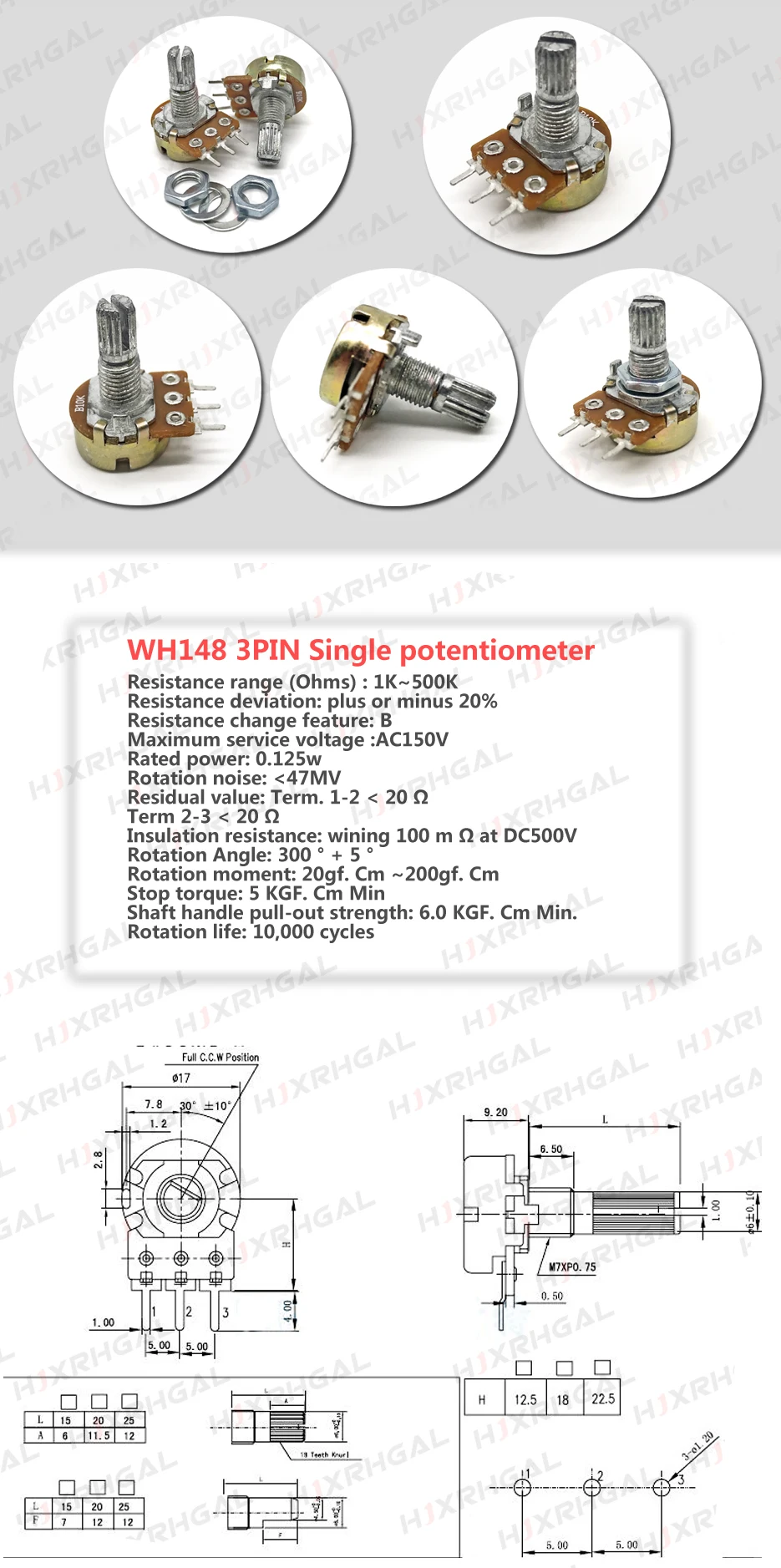 5 Sets WH148 1K 10K 20K 50K 100K 500K Ohm 15mm 3 Pin Linear Taper Rotary Potentiometer Resistor for Arduino with AG2 White cap
