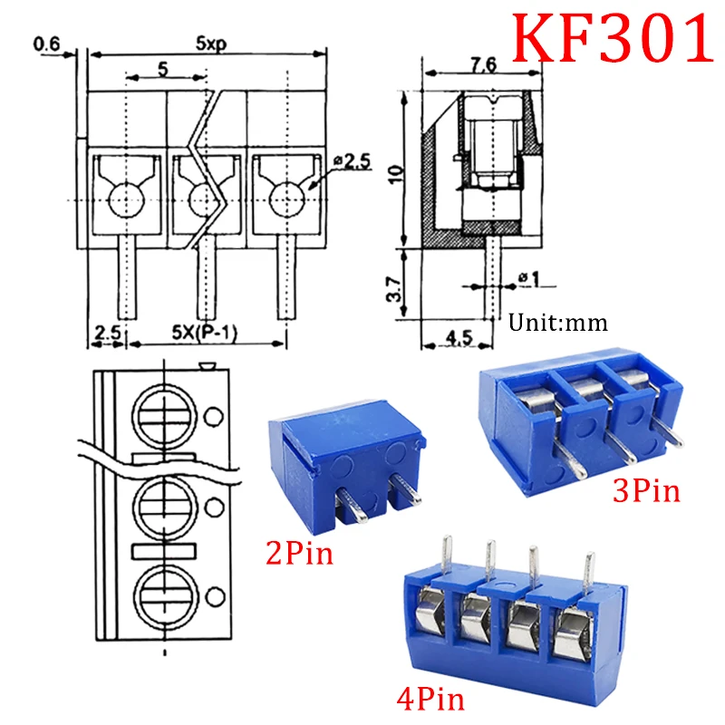 KF301 2P 3P 4P 5mm Screw Wire Terminal Block KF301-2P KF301-3/4P Pitch 5.0mm Straight Pin Spliceable Plug-in PCB Cable Connector