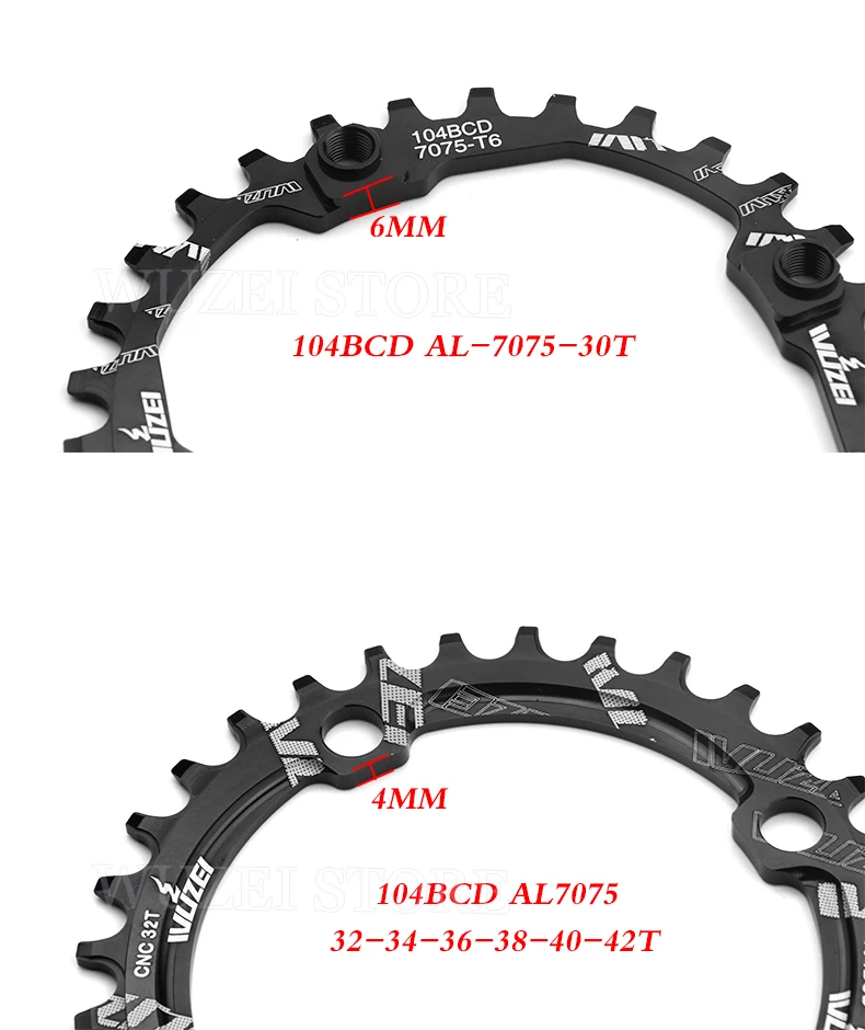 WUZEI 104BCD Round Shape Chainrings 30T 32T 34T 36T 38T 40T 42T 44T 46T 48T 50T 52T Narrow Wide Chain Wheel MTB Bicycle Parts
