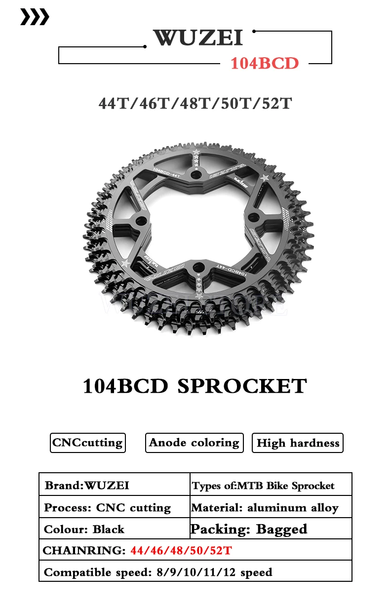 WUZEI 104BCD Round Shape Chainrings 30T 32T 34T 36T 38T 40T 42T 44T 46T 48T 50T 52T Narrow Wide Chain Wheel MTB Bicycle Parts
