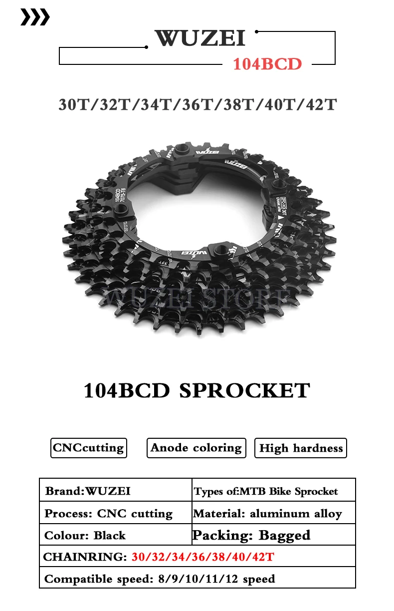 WUZEI 104BCD Round Shape Chainrings 30T 32T 34T 36T 38T 40T 42T 44T 46T 48T 50T 52T Narrow Wide Chain Wheel MTB Bicycle Parts
