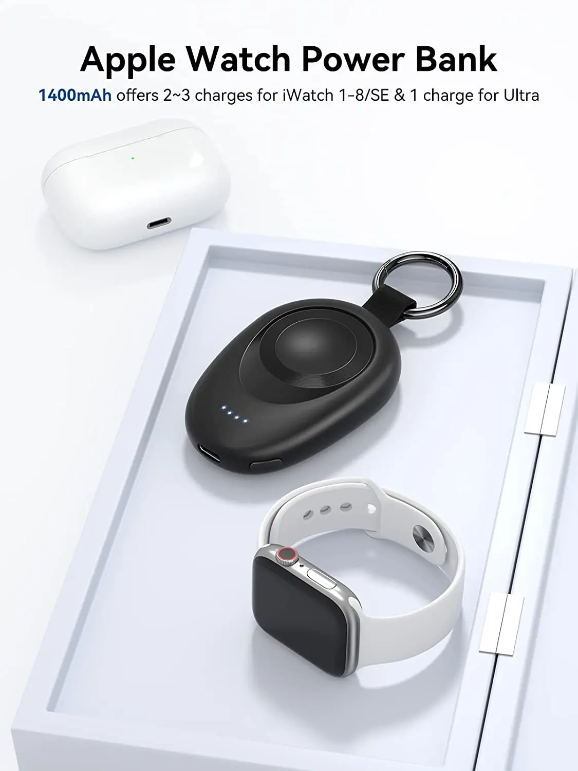 Portable Charger for Apple Watch Series 9/8/7/6/5/4/3/2/SE/Ultra Travel Power Bank Wireless Keychain Charger Watch Spare Battery