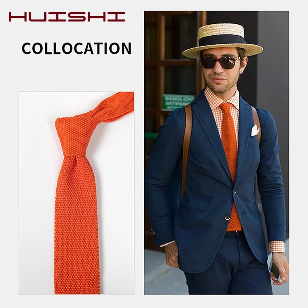 HUISHI Slim Fashion Knitted Ties for Men 5.5 cm Solid Black White Gray Blue Burgundy Knitted Tie