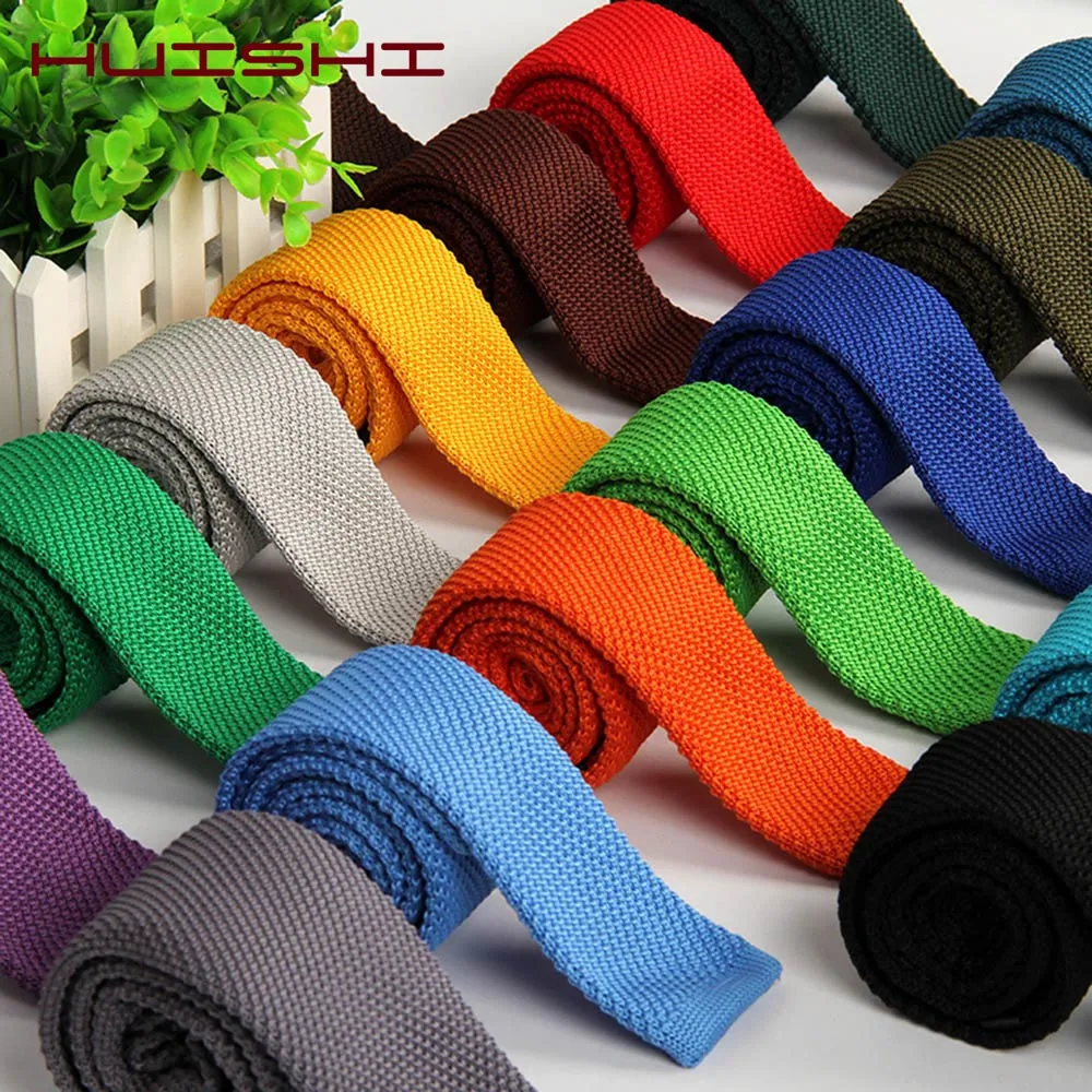HUISHI Slim Fashion Knitted Ties for Men 5.5 cm Solid Black White Gray Blue Burgundy Knitted Tie