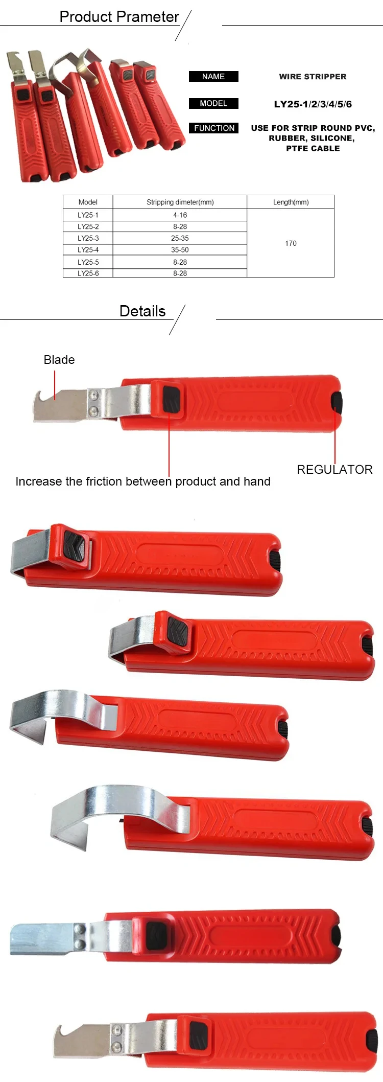 Electrician Wire Stripper Knife Rubber Handle Hand Stripping Tool for 4-50mm PVC, Silicone Rubber PTFE Cable