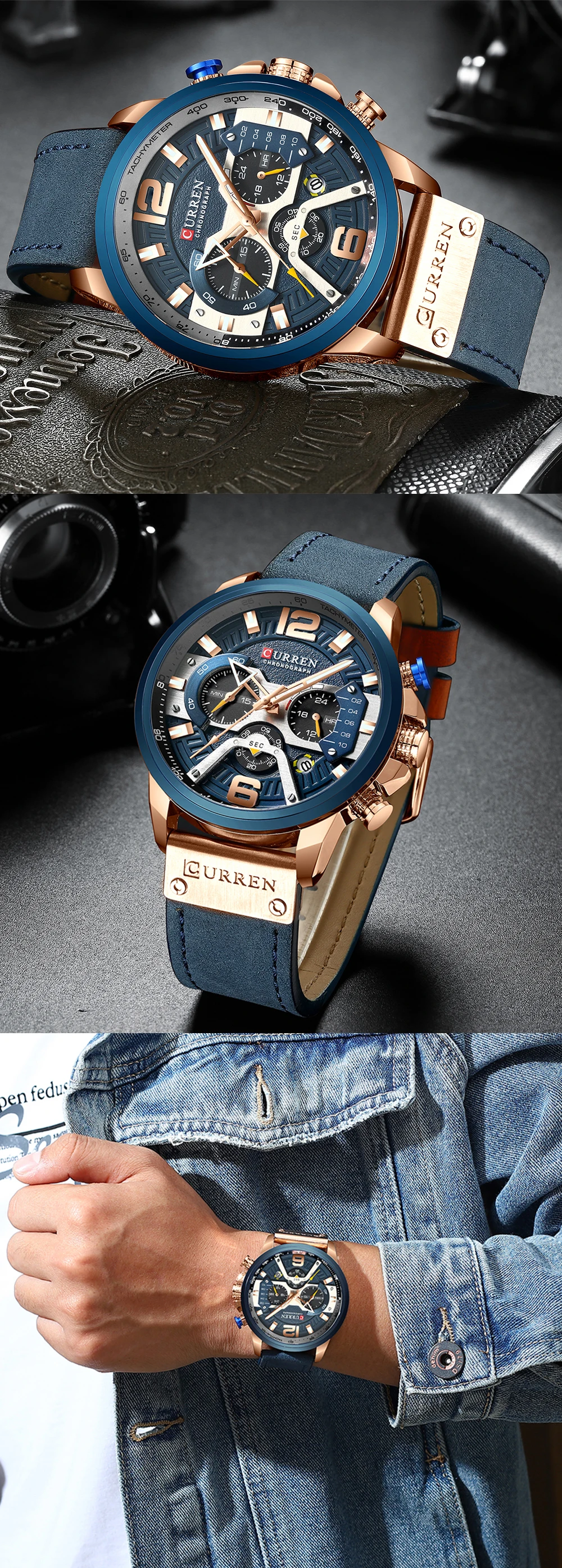 CURREN Casual Sport Watches for Men Blue Top Brand Luxury Military Leather Wrist Watch Man Clock Fashion Chronograph Wristwatch