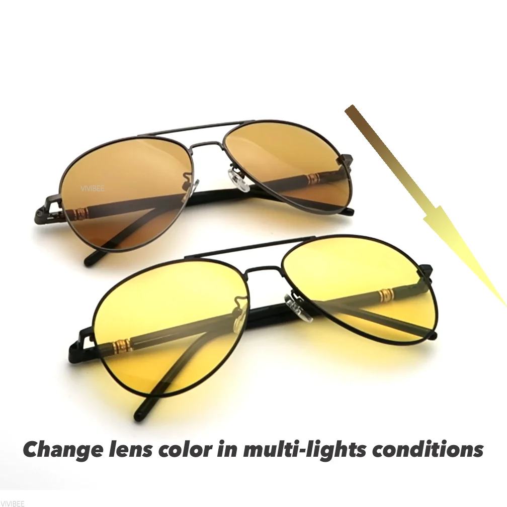 VIVIBEE Men Photochromic Night Vision Polarizing Sun Glasses Pilot Style Aluminum Women Polarized Driving Sunglasses Yellow
