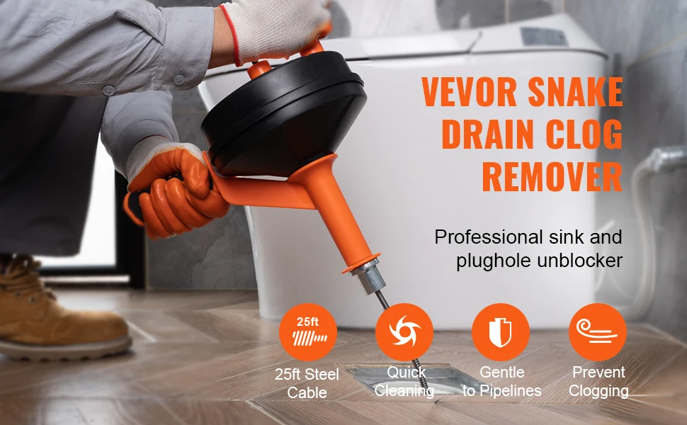 SucceBuy Drain Auger 25Ft Manual-feeding Plumbing Snake w/ Drill Attachment Drain Clog Remover Toilet Sewer Pipe Dredge for Home