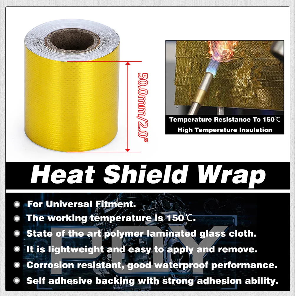 A Gold 2'' Thermal Exhaust Tape Air Intake Heat Insulation Shield Wrap Reflective Heat Barrier Self Adhesive Engine 2 Inch 5/10M