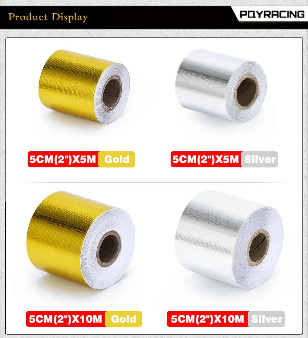 A Gold 2'' Thermal Exhaust Tape Air Intake Heat Insulation Shield Wrap Reflective Heat Barrier Self Adhesive Engine 2 Inch 5/10M