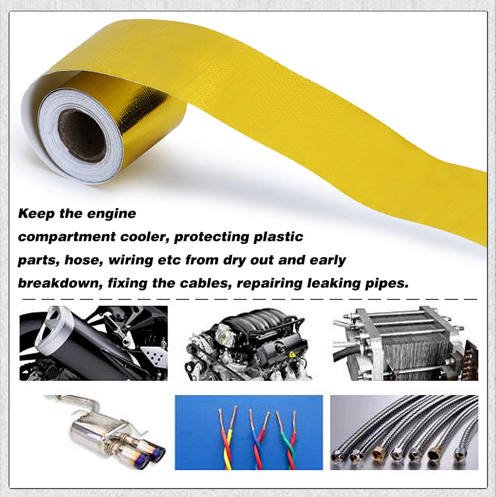 A Gold 2'' Thermal Exhaust Tape Air Intake Heat Insulation Shield Wrap Reflective Heat Barrier Self Adhesive Engine 2 Inch 5/10M
