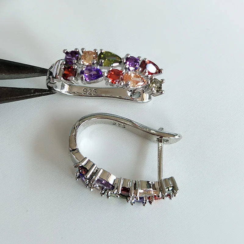 Wholesale Slver Color Luxury 925 Sterling Silver Earrings Flash Colorful CZ Zircon Ear Studs Earrings Women Cheap Brincos