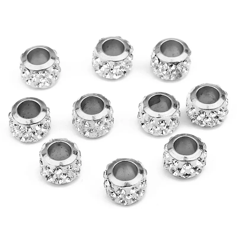 LINSOIR 20pcs/lot 7X5/9X7mm Rhinestone Crystal Shambhala Ball Beads Gold Silver Color Big Hole Spacer Beads for Jewelry Making