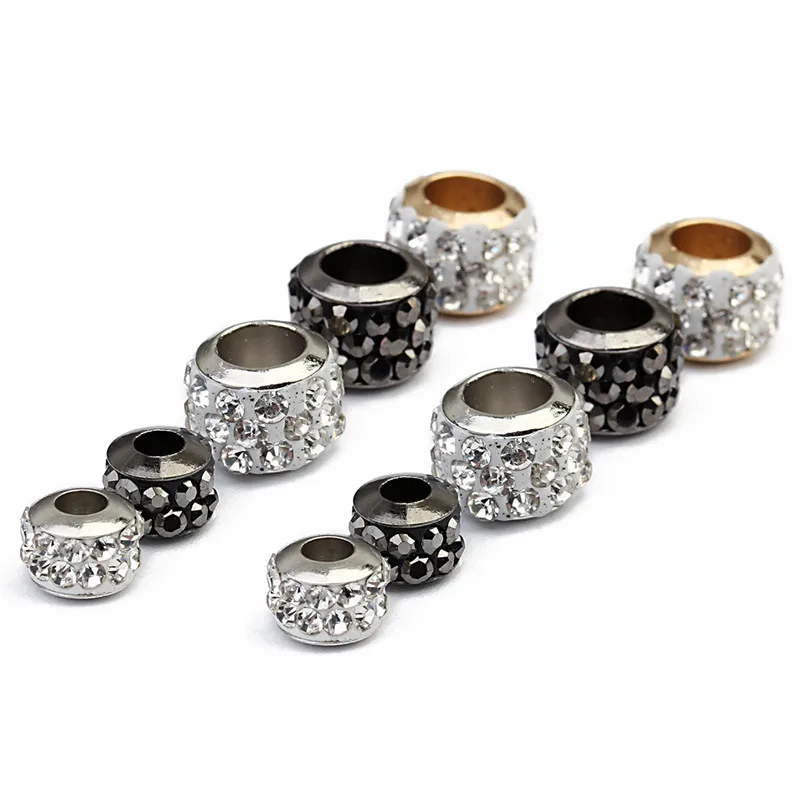 LINSOIR 20pcs/lot 7X5/9X7mm Rhinestone Crystal Shambhala Ball Beads Gold Silver Color Big Hole Spacer Beads for Jewelry Making