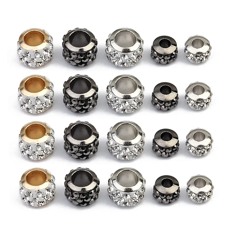 LINSOIR 20pcs/lot 7X5/9X7mm Rhinestone Crystal Shambhala Ball Beads Gold Silver Color Big Hole Spacer Beads for Jewelry Making