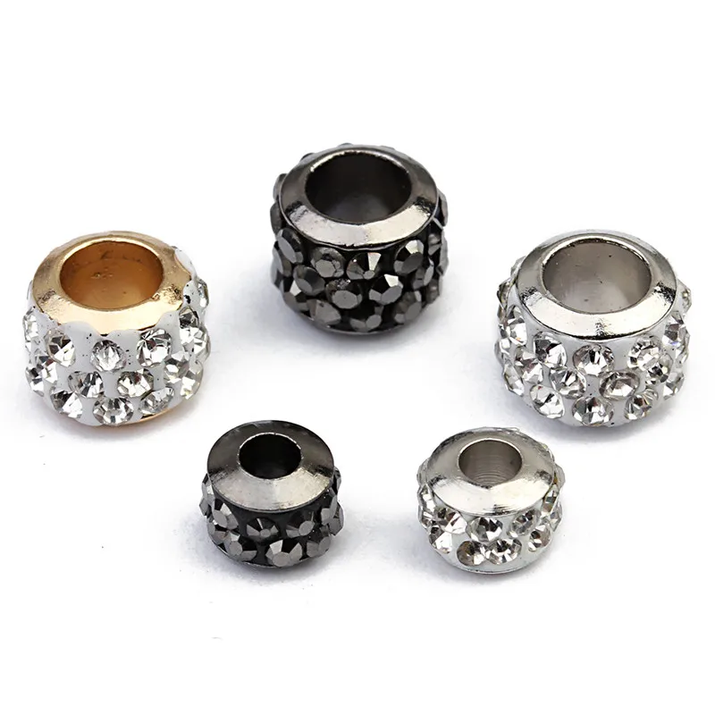 LINSOIR 20pcs/lot 7X5/9X7mm Rhinestone Crystal Shambhala Ball Beads Gold Silver Color Big Hole Spacer Beads for Jewelry Making