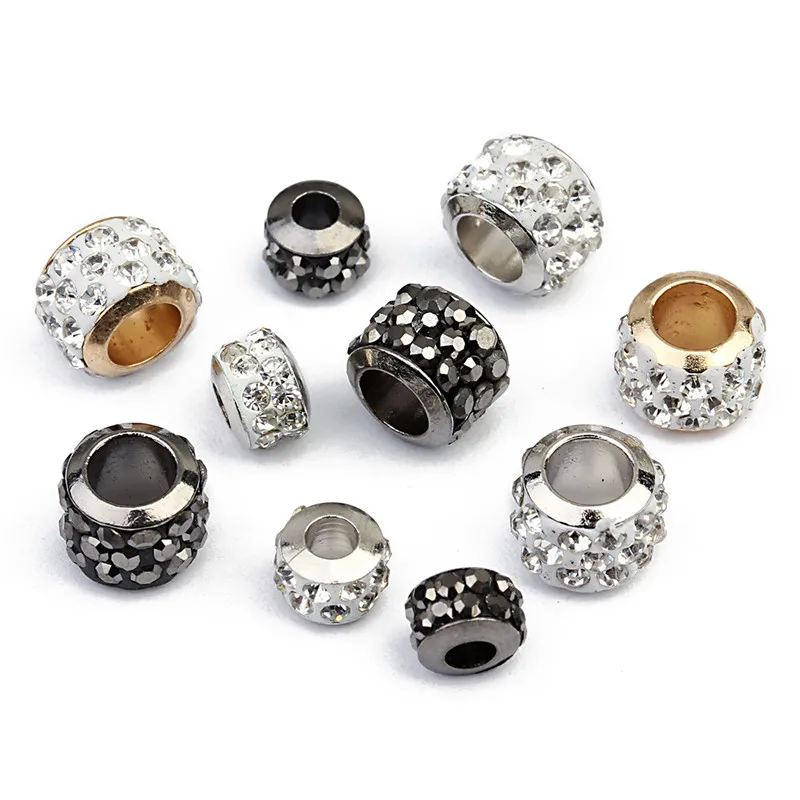 LINSOIR 20pcs/lot 7X5/9X7mm Rhinestone Crystal Shambhala Ball Beads Gold Silver Color Big Hole Spacer Beads for Jewelry Making