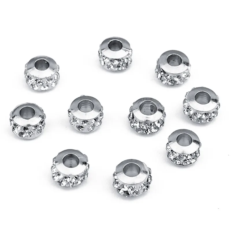 LINSOIR 20pcs/lot 7X5/9X7mm Rhinestone Crystal Shambhala Ball Beads Gold Silver Color Big Hole Spacer Beads for Jewelry Making