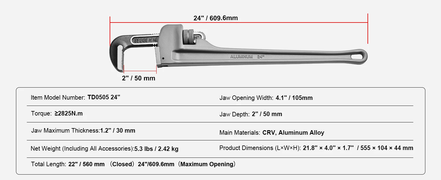 SucceBuy Pipe Wrench Aluminum Straight Pipe Wrench Adjustable Plumbing Wrench High Strength Jaw & Ergonomic Handle Automotive