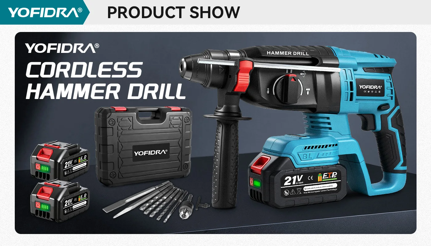 YOFIDRA 26MM Brushless Electric Hammer Drill Multifunctional Rotary Cordless Rechargeable Power Tools For Makita Battery Pin