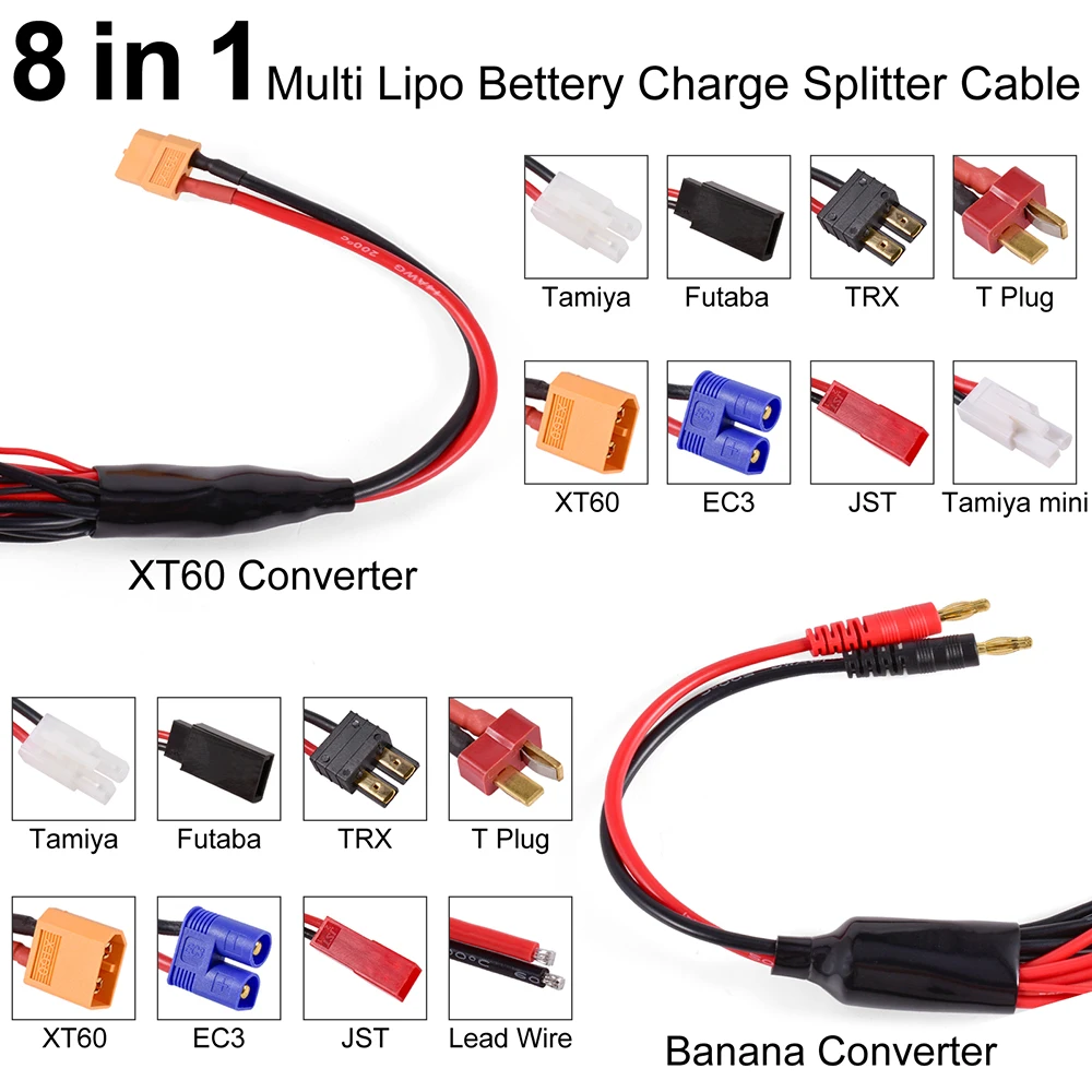 RC Charger Adapter Connector 8 In 1 Charger 4.0mm Banana XT60 TRX Tamiya Lipo for RC Car Drone Imax B6 B6AC Battery Cable