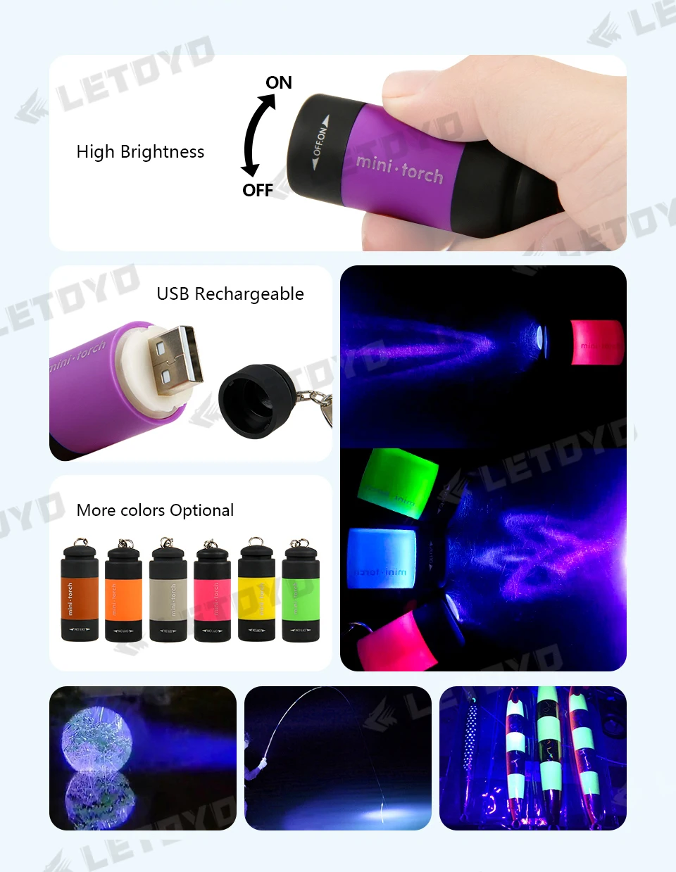 LETOYO UV USB Flashlights Led Mini Light Portable Rechargeable Waterproof Flashlight for squid jig metal jig Sea fishing tools