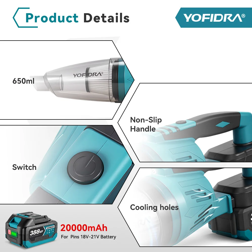 YOFIDRA 1500W 12KPA Electric Cordless Vacuum Cleaner Portable 2IN1 Household Car Cleaning Power Tool For Makita 18V Battery Pin