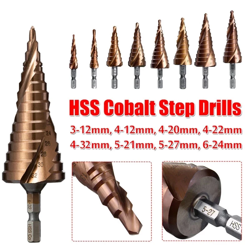 M35 5% Cobalt Step Drill Bit HSS-Co Cone Hex Shank Metal Drill Tool Hole Cutter 3-12/4-12/4-20/4-22/4-32/4-26/5-21/5-27/6-24mm