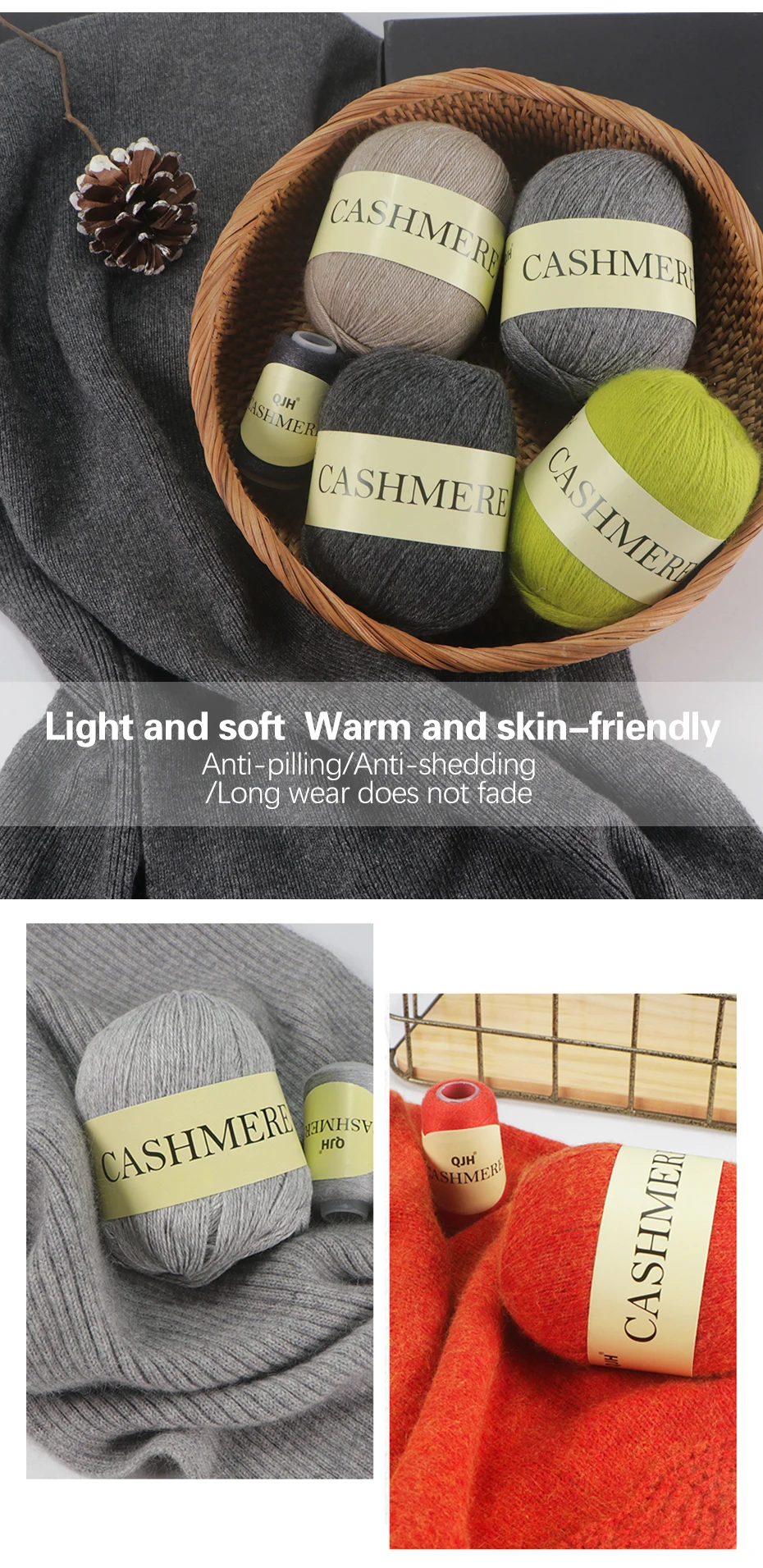 QJH 50+20g Cashmere Yarn Knitting Hand-knitted High-grade Worsted Woolen Wool for Cardigan Hat Sweater Mongolian Cashmere Thread