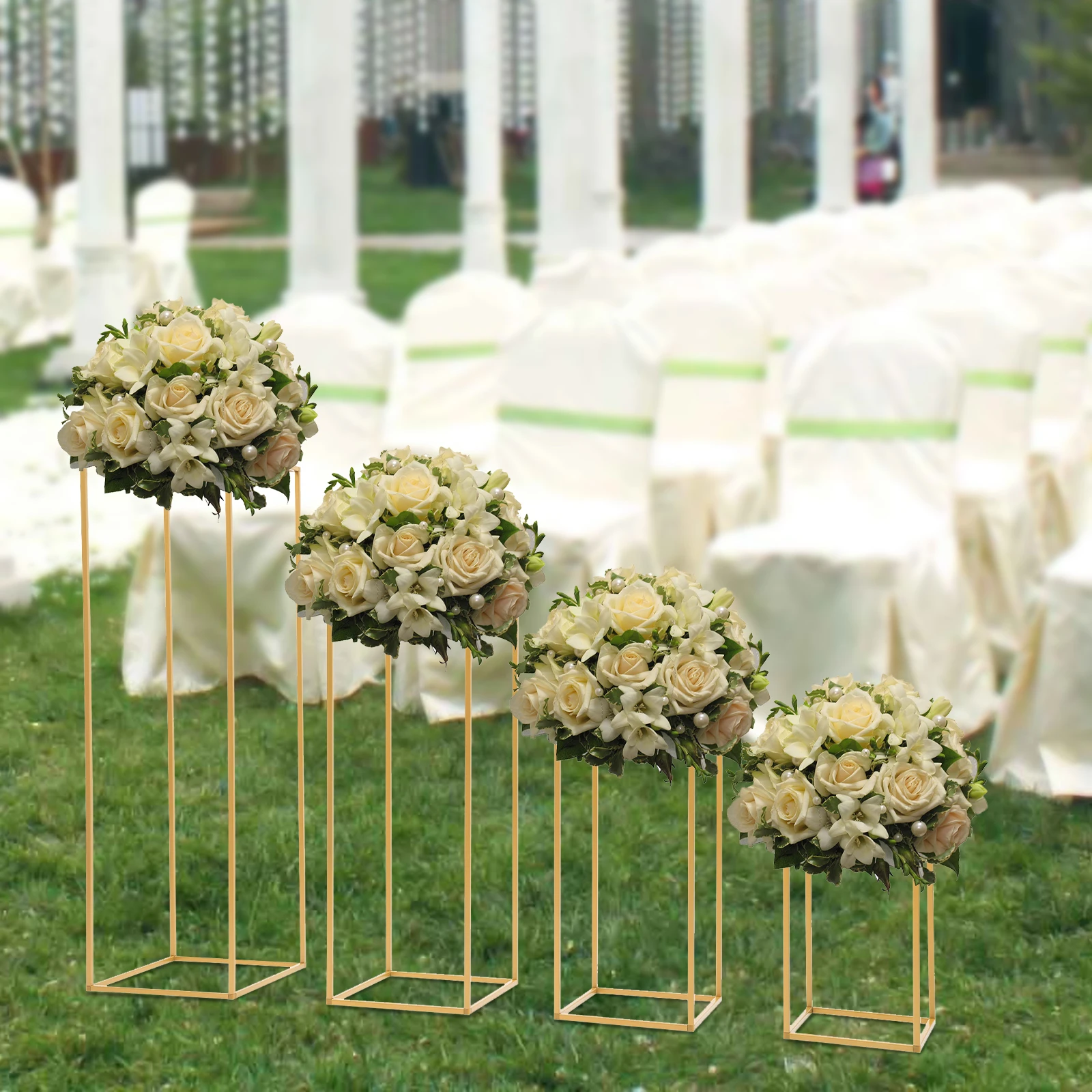 4Pcs Wedding Flower Stand Set, Gold Metal Column Rack Floor Geometric Display Stand Wedding Centerpieces Party Prop Decor Holder