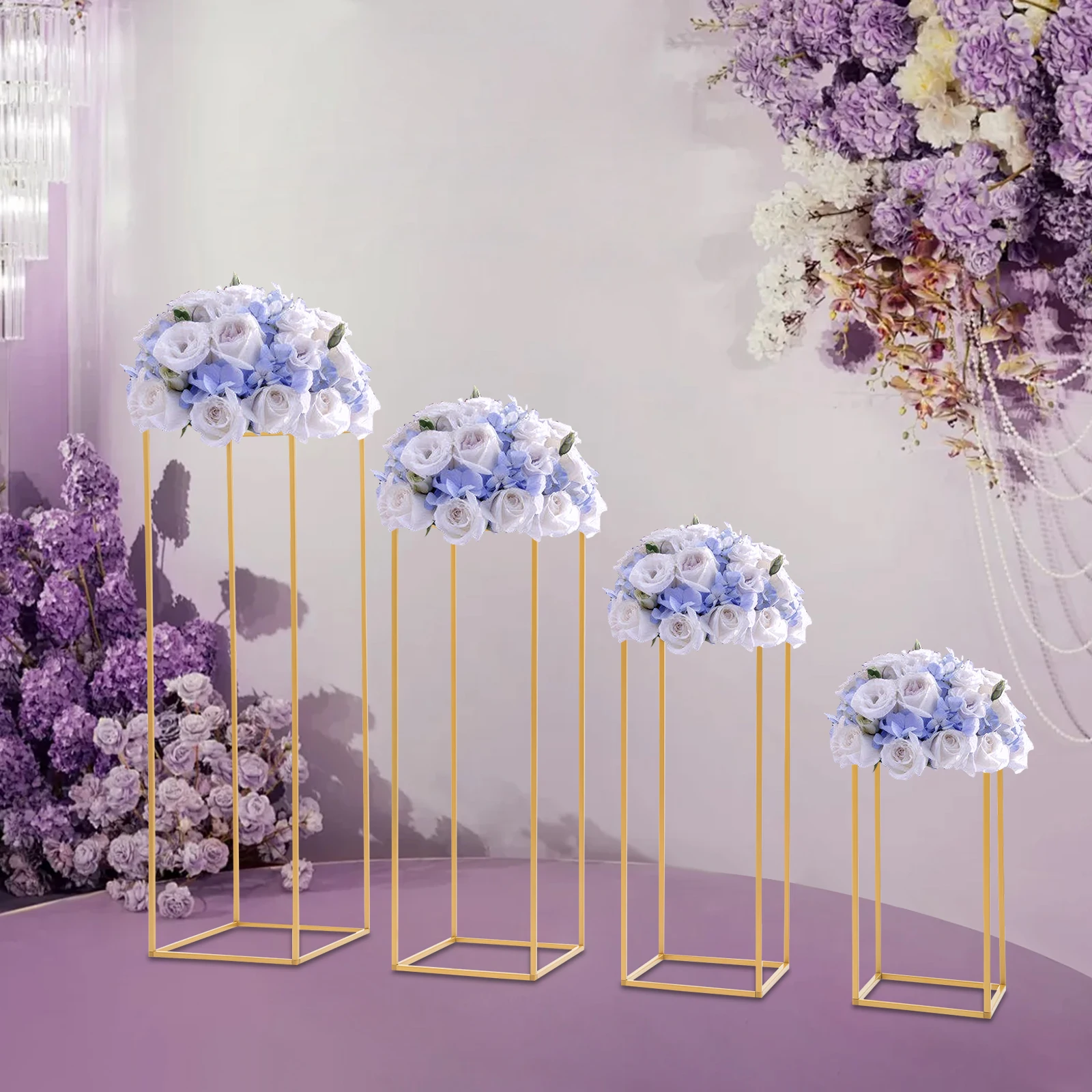 4Pcs Wedding Flower Stand Set, Gold Metal Column Rack Floor Geometric Display Stand Wedding Centerpieces Party Prop Decor Holder