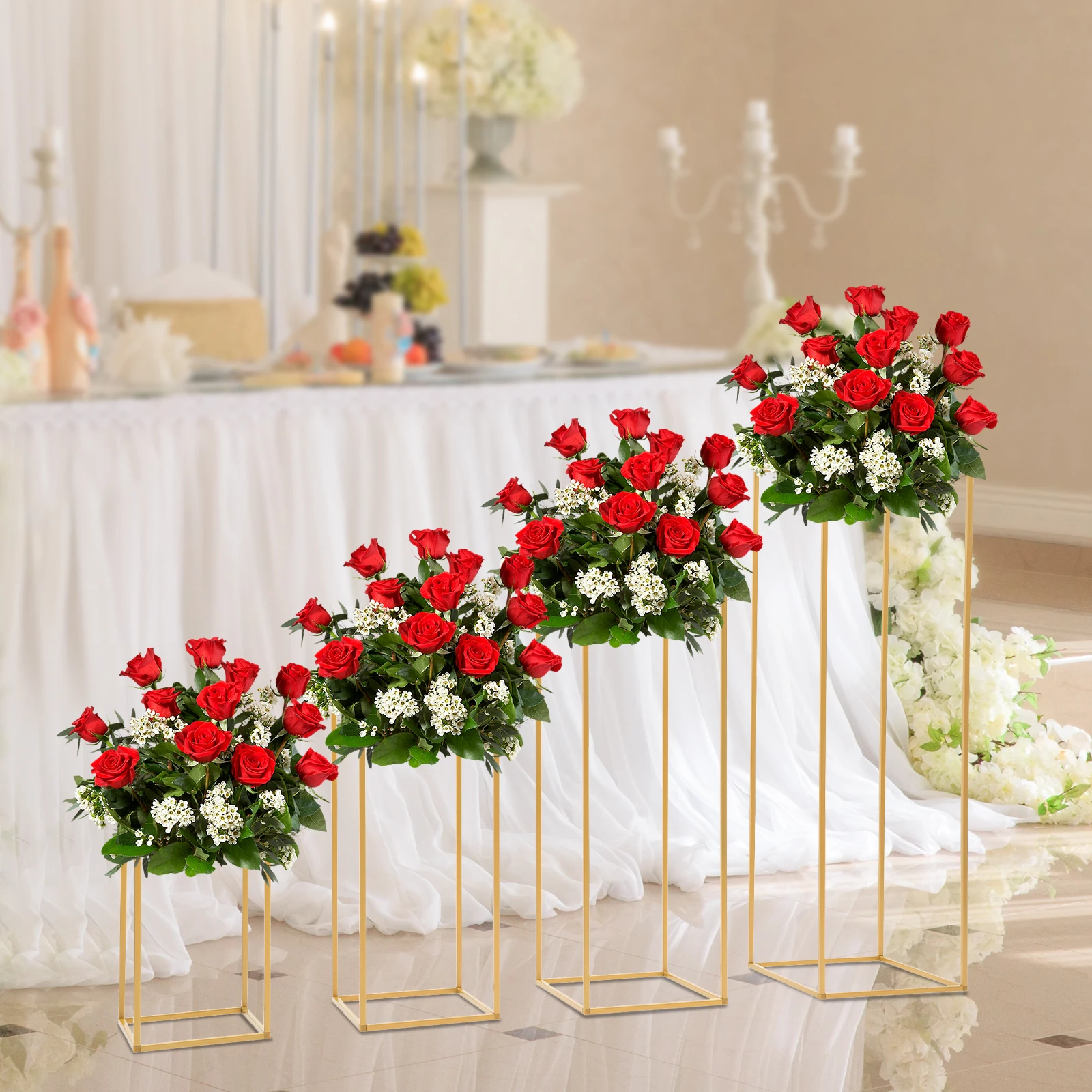 4Pcs Wedding Flower Stand Set, Gold Metal Column Rack Floor Geometric Display Stand Wedding Centerpieces Party Prop Decor Holder