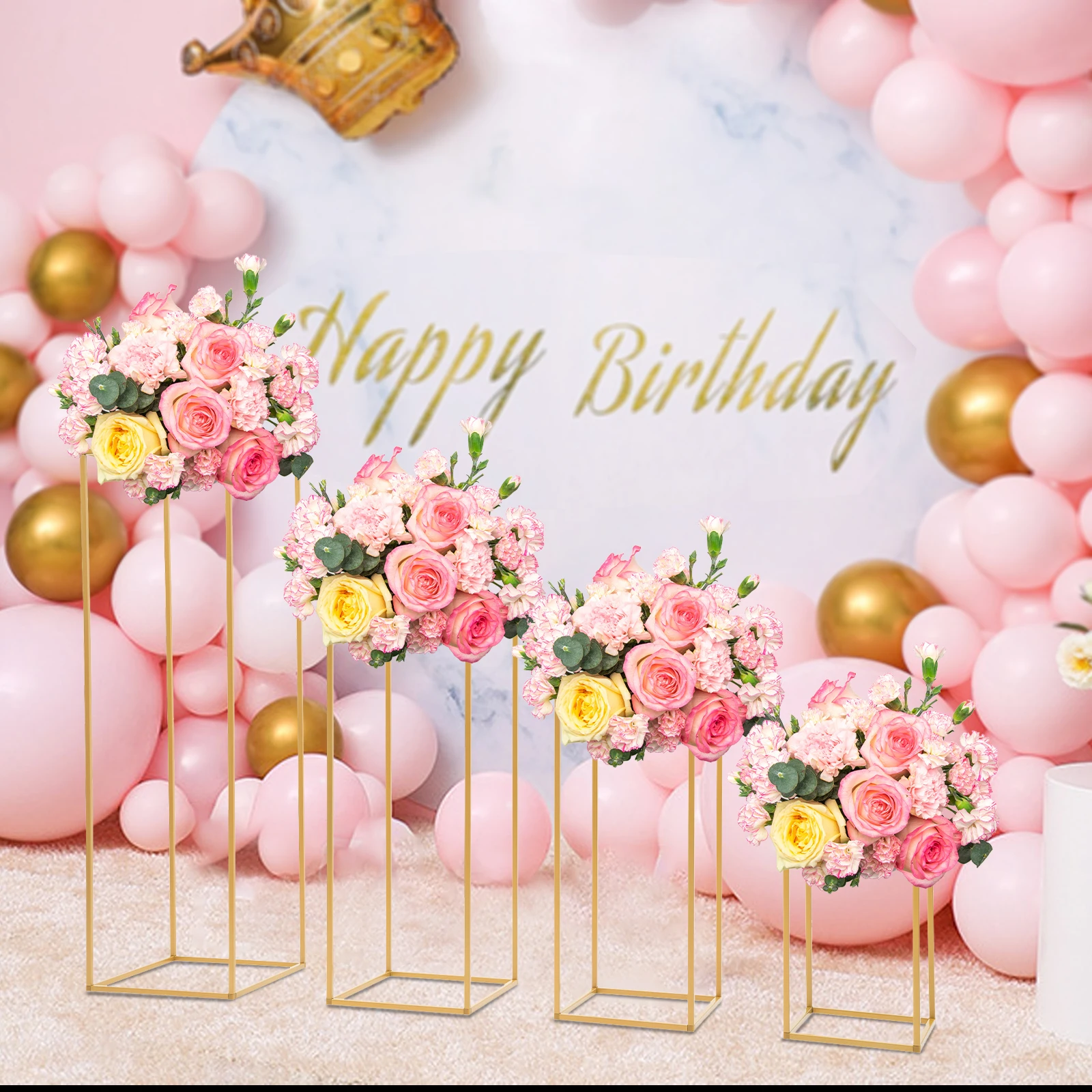 4Pcs Wedding Flower Stand Set, Gold Metal Column Rack Floor Geometric Display Stand Wedding Centerpieces Party Prop Decor Holder