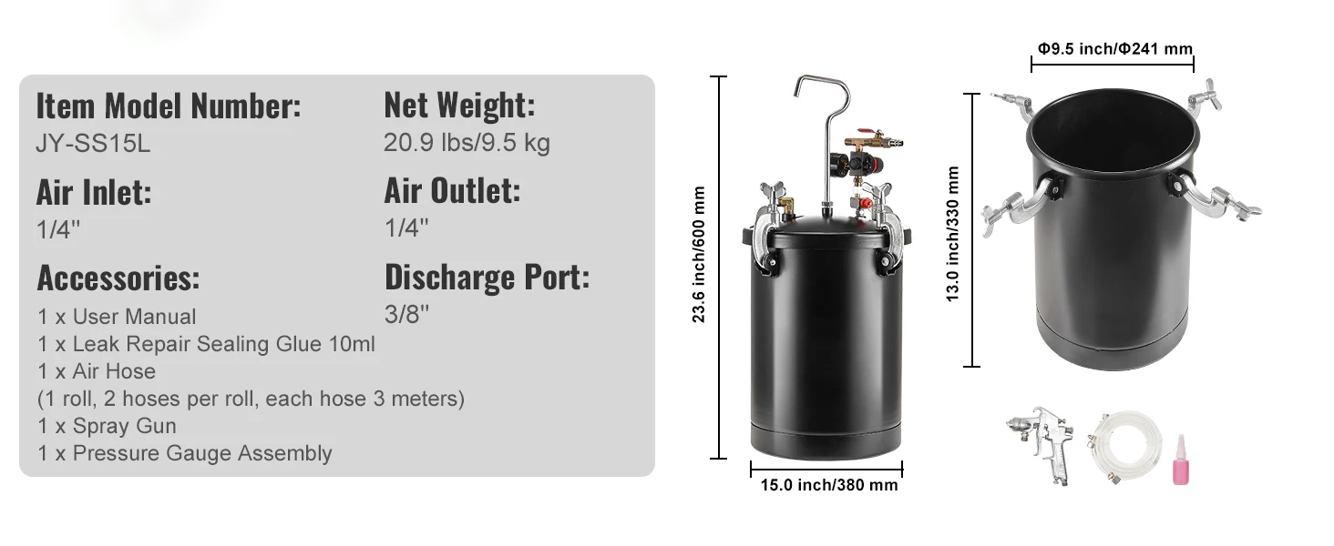 SucceBuy Spray Paint Pressure Pot 15L Pressure Pot Tank 60psi Adjustale Pressure Steel Pressure Pot Paint Tank Spray Gun Hose