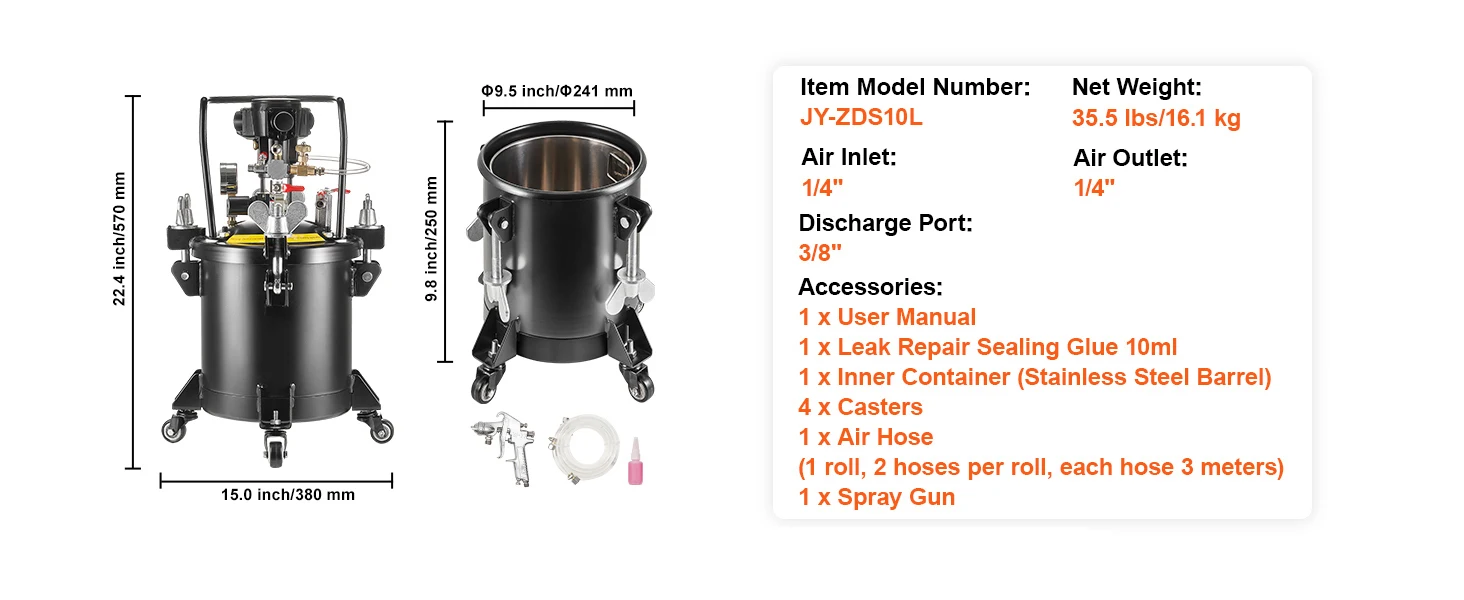 SucceBuy Spray Paint Pressure Pot 15L Pressure Pot Tank 60psi Adjustale Pressure Steel Pressure Pot Paint Tank Spray Gun Hose
