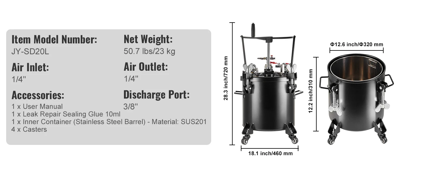 SucceBuy Spray Paint Pressure Pot 15L Pressure Pot Tank 60psi Adjustale Pressure Steel Pressure Pot Paint Tank Spray Gun Hose