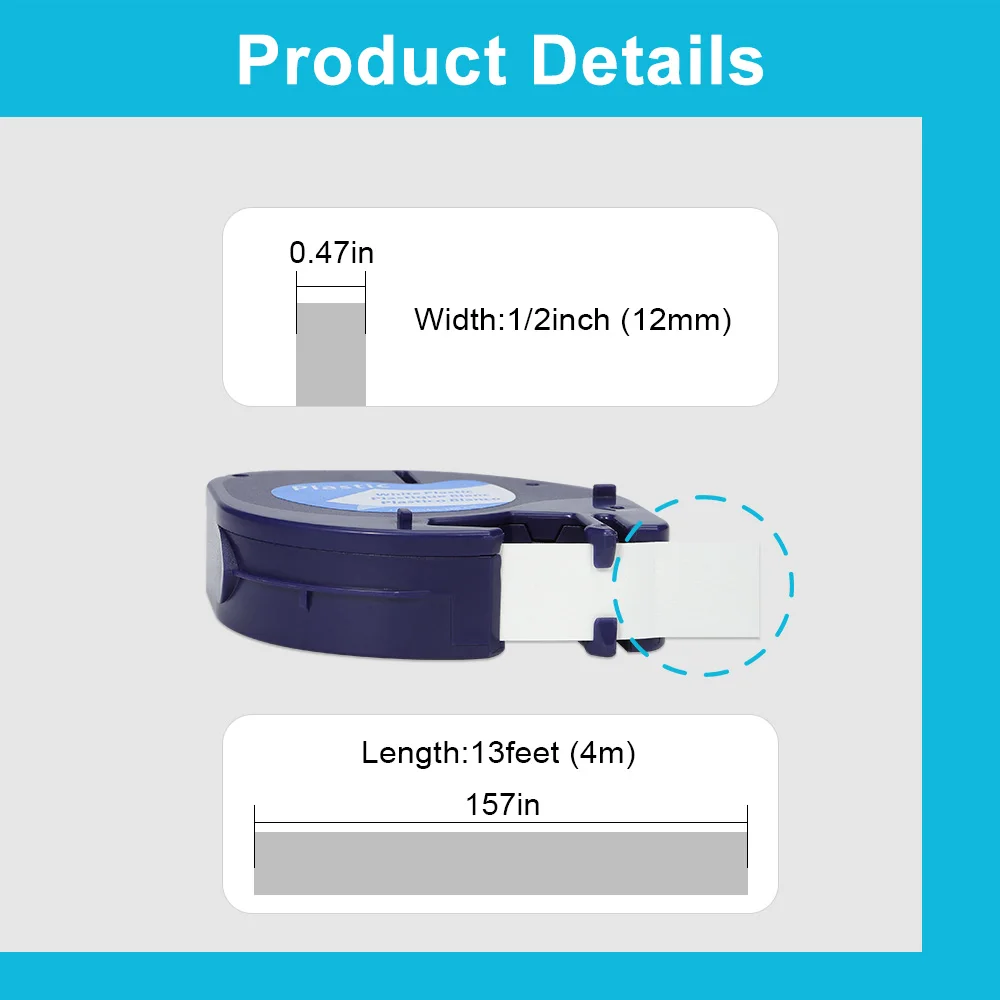 91200 91331 Compatible for Dymo Letra Tag Plastic Tape 12mm*4m Black on White LT 91331 12267 LT 91201 12267 for LT-100H LT-100