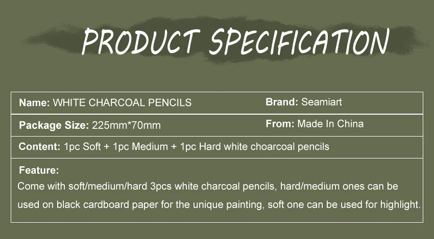 SeamiArt 3Pcs White Soft/Medium/Hard Charcoal Pencil for Sketch Carbon Pen Sketch Art Tools Office School Supplies Pencils