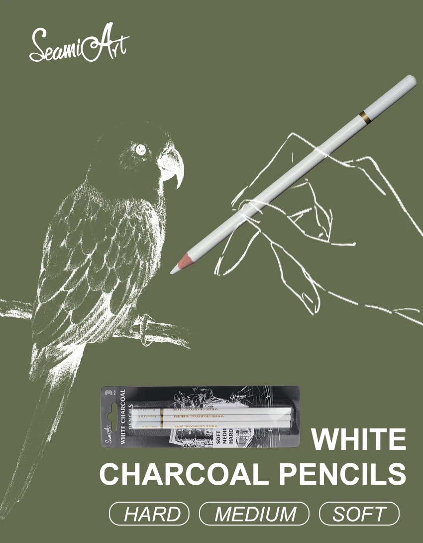 SeamiArt 3Pcs White Soft/Medium/Hard Charcoal Pencil for Sketch Carbon Pen Sketch Art Tools Office School Supplies Pencils
