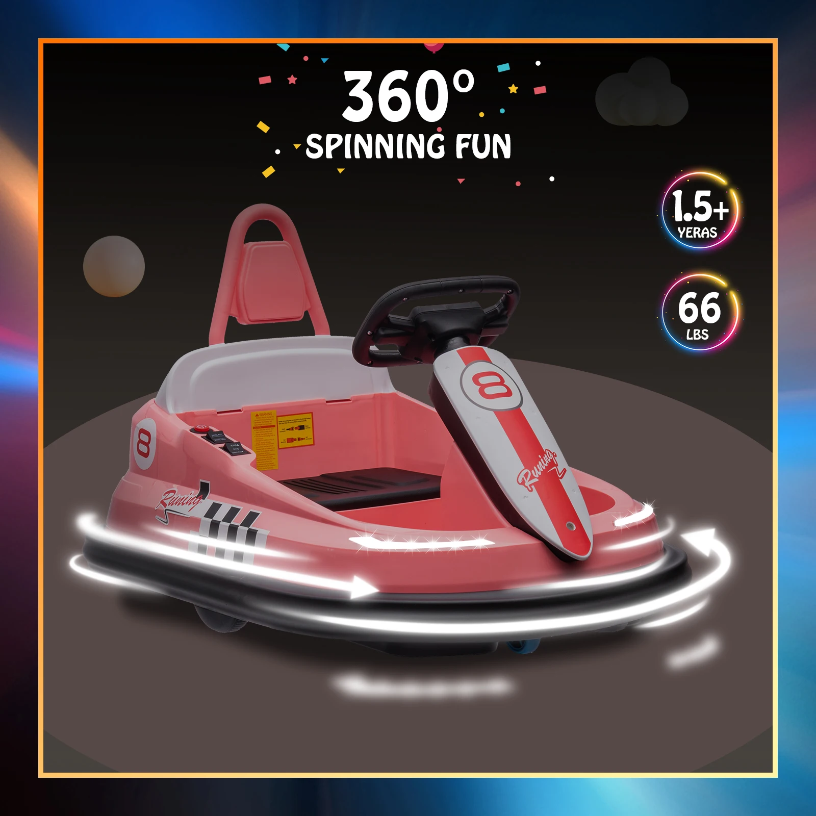 Bumper Car for Toddlers 6V Electric Ride On Toys for Kids 1.9 MPH Max Speed Steering Wheel 360 Degree Spin 2-Speeds Lights Music