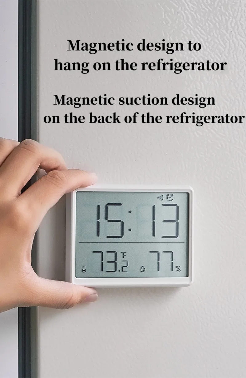 Mini Digital Alarm Clock Temperature Humidity Hourly Beep Magnetic Sucked Table Clock 12/24H Battery Powered LCD Wall Clock