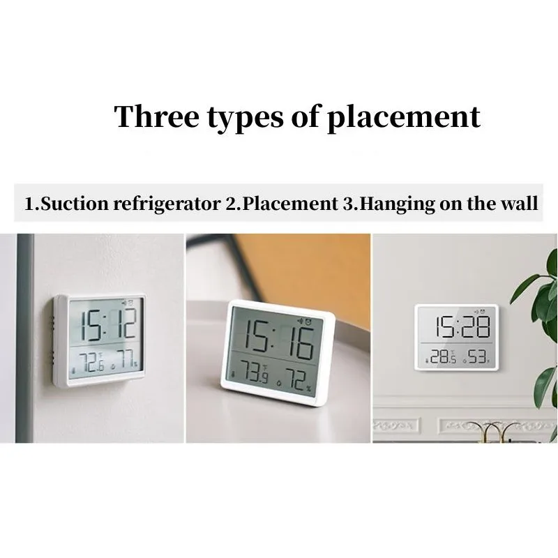 Mini Digital Alarm Clock Temperature Humidity Hourly Beep Magnetic Sucked Table Clock 12/24H Battery Powered LCD Wall Clock