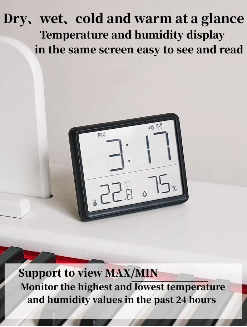 Mini Digital Alarm Clock Temperature Humidity Hourly Beep Magnetic Sucked Table Clock 12/24H Battery Powered LCD Wall Clock