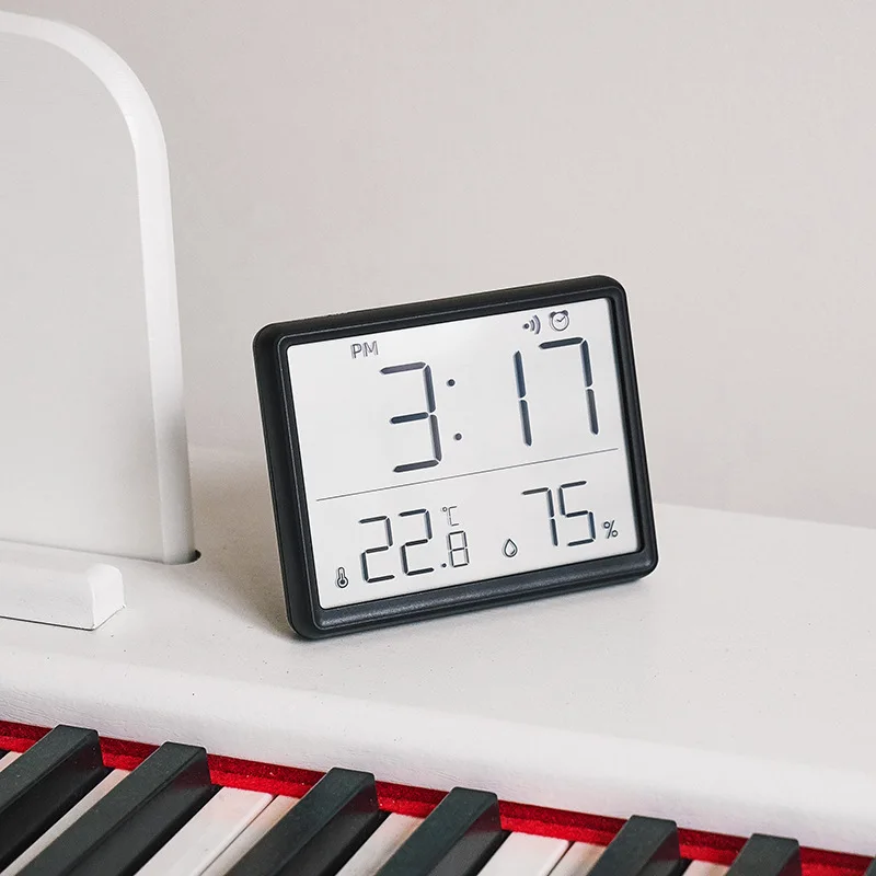Mini Digital Alarm Clock Temperature Humidity Hourly Beep Magnetic Sucked Table Clock 12/24H Battery Powered LCD Wall Clock